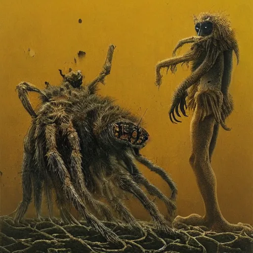 Image similar to tarantula morphed with hyena in sewer, long skinny legs and large fangs, sitting on web, highly detailed beksinski painting