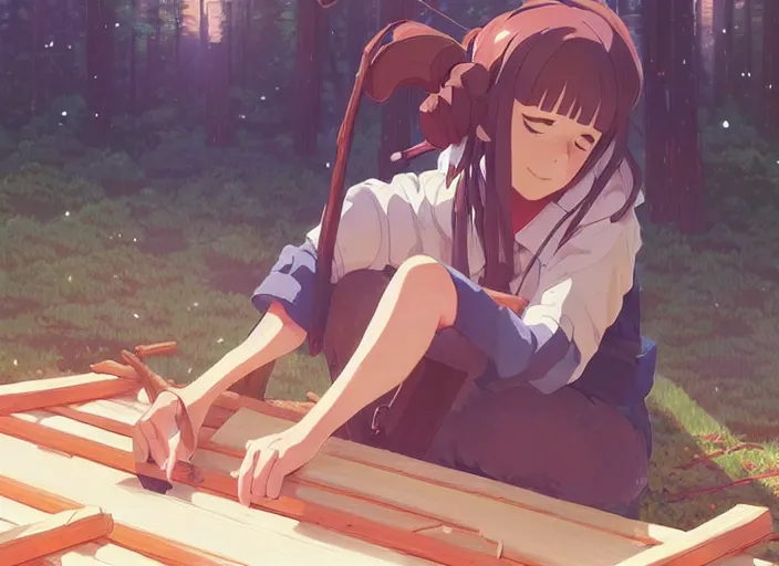 Image similar to portrait of a woman building a log cabin, illustration concept art anime key visual, trending pixiv fanbox by wlop and greg rutkowski and makoto shinkai and studio ghibli and kyoto animation