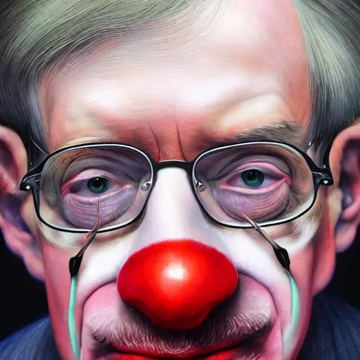 Image similar to UHD tonalism painting of closeup of Stephen Hawking wearing clown makeup, by Antonio Caparo and Ferdinand Knab and Greg Rutkowski, UHD, photorealistic, trending on artstation, trending on deviantart, correct face, correct clown makeup