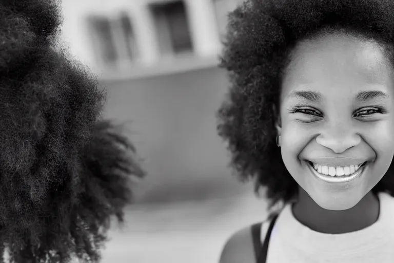 Image similar to still photo of an african american girl smiling at the camera on the street, black and white color aesthetic, highly detailed, photorealistic portrait, bright studio setting, studio lighting, crisp quality and light reflections, unreal engine 5 quality render