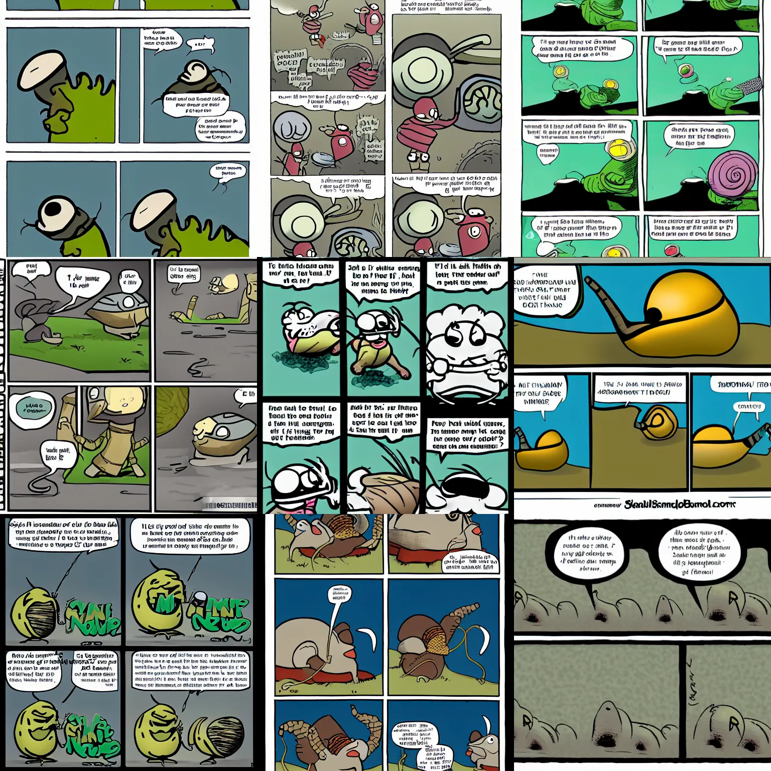 Prompt: Sunday morning comic strip of a ninja snail