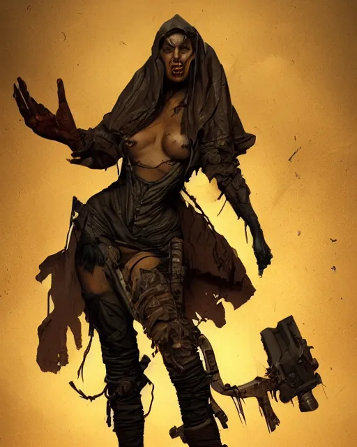 Image similar to hyper realistic photo of postapocalyptic sorceress, full body, horror, cinematic, artstation, cgsociety mignola, brom