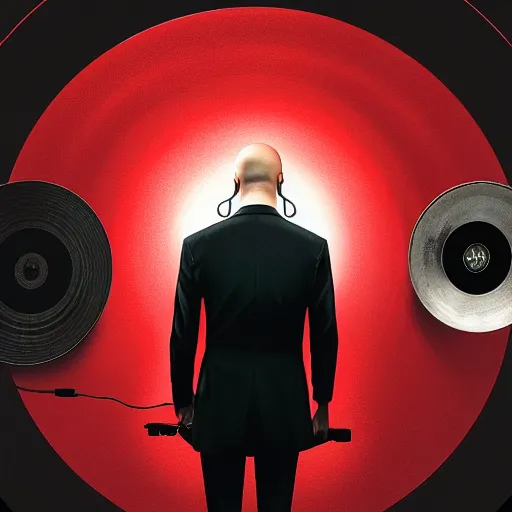 Prompt: a portrait of agent 4 7 from hitman wearing headphones, standing in front of a wall of vinyl records, dark background, red rim light, highly detailed, digital art, artstation, concept art, smooth, sharp focus, greg rutkowski, wlop