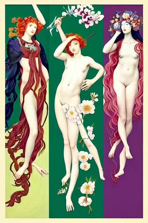 Image similar to 3 Spring Muses symbolically representing March, April, and May, in a style blending Æon Flux, Peter Chung, Shepard Fairey, Botticelli, Ivan Bolivian, and John Singer Sargent, inspired by pre-raphaelite paintings, shoujo manga, and cool Japanese street fashion, dramatically blossoming flora and fauna, petals falling everywhere, pastel vivid triad colors, hyper detailed, super fine inking lines, ethereal and otherworldly, 4K extremely photorealistic, Arnold render