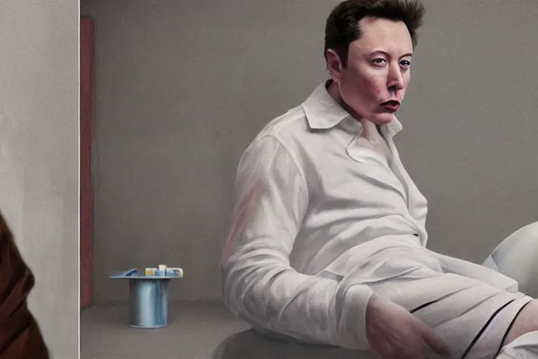 Prompt: hyperrealism aesthetic ridley scott and denis villeneuve style fashion photography of a detailed hyperrealism elon musk, siting on a detailed hyperrealism toilet and scrolling his detailed smartphone in hyperrealism scene from detailed art house movie in style of alejandro jodorowsky and wes anderson