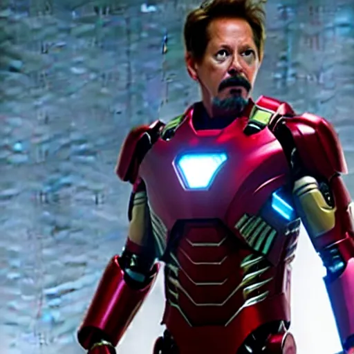 Image similar to film still of Kevin Bacon as Tony Stark in Ironman armor without the head piece in the new Avengers movie