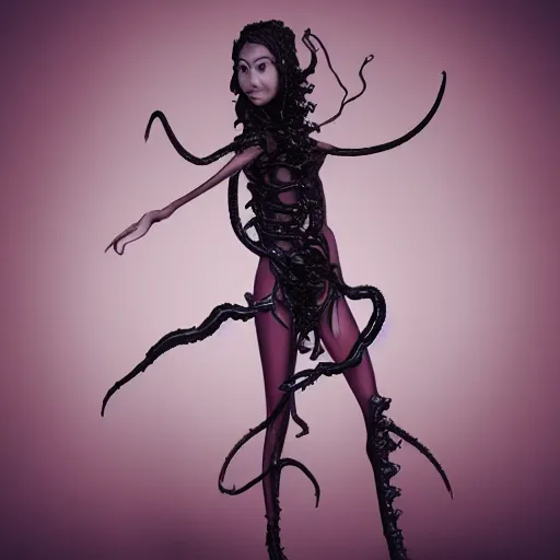 Prompt: eerie asian female elf made of nacre, lovecraftian black smoky tentacles growing, octane rendering