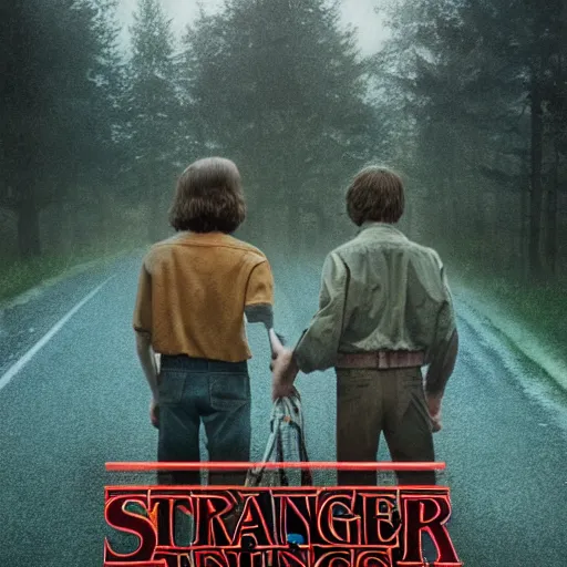 Prompt: the stranger things poster by Aron Wiesenfeld and beksincki, cinematic, detailed illustration, nature, fog, dark colors, suspense, intricate, 8k