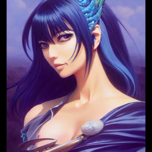 Image similar to highly detailed vfx portrait of nico robin by eiichiro oda!!!, stephen bliss, greg rutkowski, loish, rhads, beeple, makoto shinkai, tom bagshaw, alphonse mucha, sharp focus, art by artgerm and greg rutkowski, stanley kubrick, backlit, harsh overhead sunlight, detailed blue eyes!!,