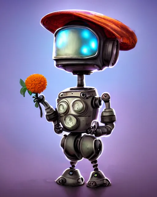 Prompt: An epic fantasy comic book style portrait painting of a cute little robot, rusty components, holding a flower, wearing a silly hat, very expressive, awesome pose, a landed space rocket in the background, character design by Mark Ryden and Pixar and Hayao Miyazaki, unreal 5, DAZ, hyperrealistic, octane render, cosplay, RPG portrait, dynamic lighting, intricate detail, summer vibrancy, cinematic