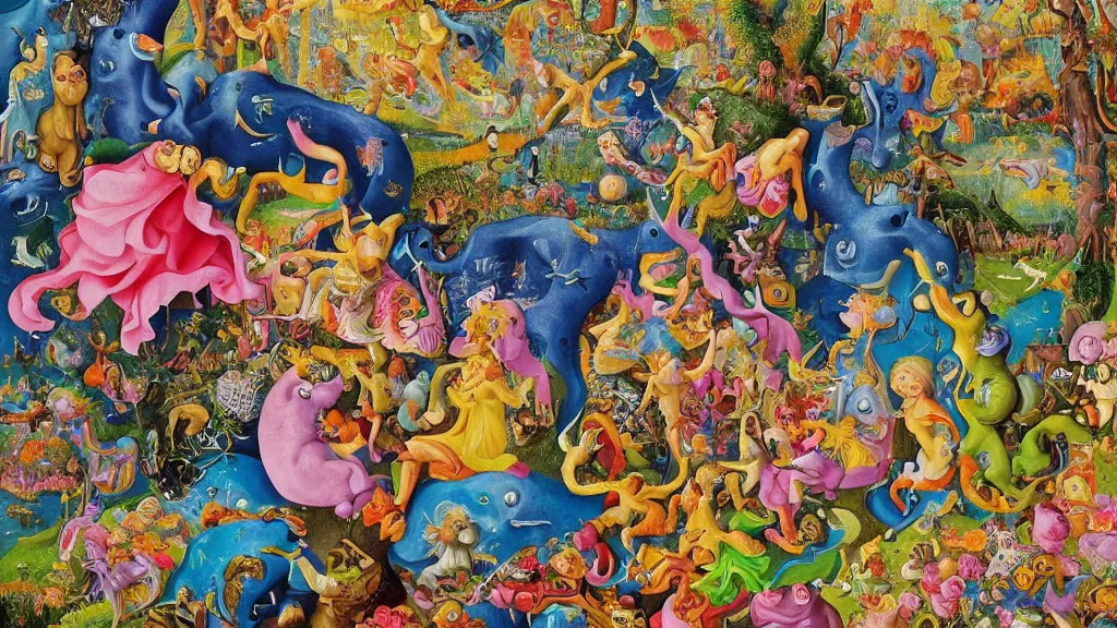 Prompt: an incredibly detailed masterpiece collaborative painting by bosch and lisa frank, ornate, detailed, high resolution, wow!, intricate