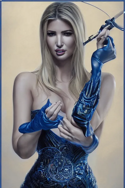Image similar to Ivanka trump as a heroine in blue leather, intricate, elegant, highly detailed, centered, digital painting, artstation, concept art, smooth, sharp focus, illustration, art by artgerm and donato giancola and Joseph Christian Leyendecker, Ross Tran, WLOP, smoking crack in a crack pipe