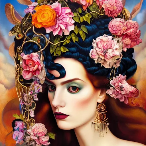 Image similar to dynamic composition, a painting of a woman with hair of flowers and raven plummage wearing ornate earrings, a surrealist painting by tom bagshaw and jacek yerga and tamara de lempicka and jesse king, featured on cgsociety, pop surrealism, surrealist, dramatic lighting, wiccan, pre - raphaelite, ornate gilded details