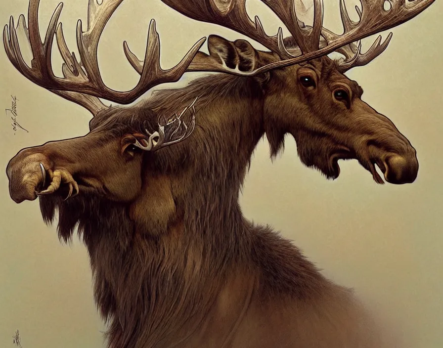 Image similar to a beautiful and very detailed painting of great ethereal moose with silver antlers by artgerm and greg rutkowski and alphonse mucha, 8 k