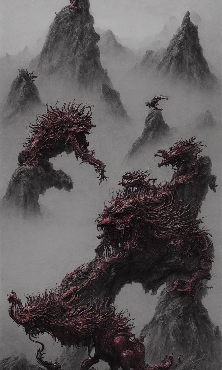 Prompt: 0 immortal beast from chinese mythology by igor wolski as featured on artstation, religious deity imagery in stunning environment, detailed, by beksinski, francis bacon