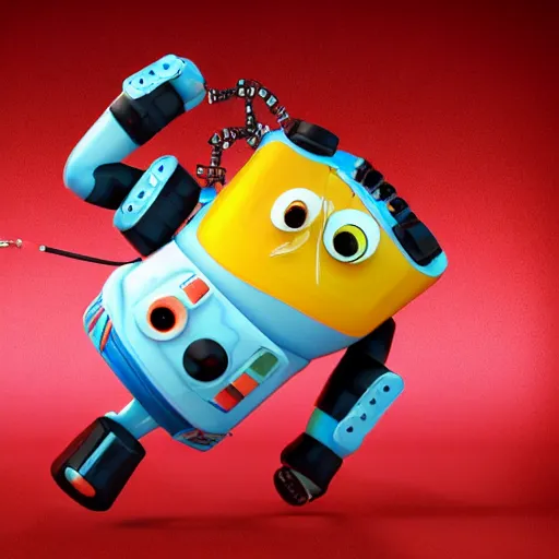 Image similar to a cool mechanic robot chick, with a tv head and gears and bolts everywhere on its body, doing karate moves in the air and swinging an electric guitar, 3 d render by pixar and disney,