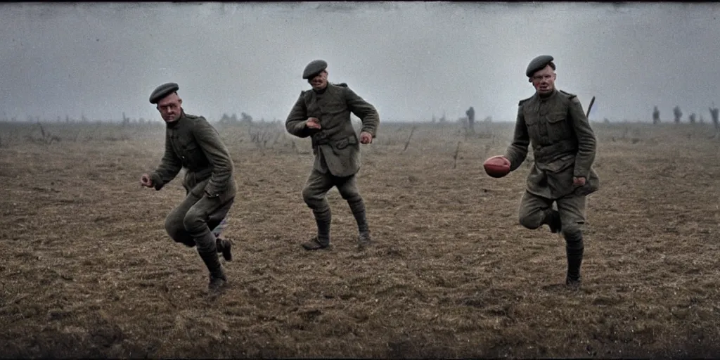 Prompt: detailed medium format photo, polaroid still from tarkovsky movie, erling haaland playing football on a ww 1 battlefield, haze, high production value, intricate details, 8 k resolution, hyperrealistic, hdr, photorealistic, high definition, tehnicolor, award - winning photography, masterpiece, amazing colors