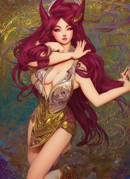 Prompt: character portrait of ahri from league of legends with arms raised, pinup pose, hyper detailed, digital illustration, illustration, trending in artstation, cinematic lighting, depth, studio quality, sharp focus, intricate, elegant, art style by alphonse mucha, klimt and nixeu, ian sprigger, wlop, krenz cushart, greg rutkowski, rossdraws