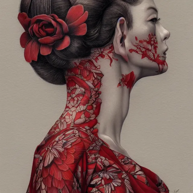 Image similar to ultra realistic illustration, beautiful woman dressed in red kimono, backview, tattoos, in the style of gerald brom by weta digital and beth cavener, high face symmetry, intricate, masterpiece, award winning, high face symmetry, intricate