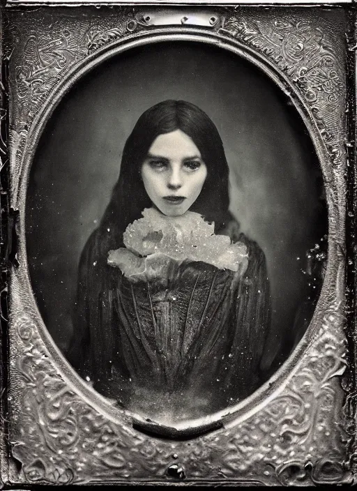 Image similar to old wetplate daguerreotype elegant pretty portrait with explosion of data fragments, fractal, intricate, elegant, highly detailed, parallax, leica, medium format, subsurface scattering, by jheronimus bosch and greg rutkowski and louis jacques mande daguerre