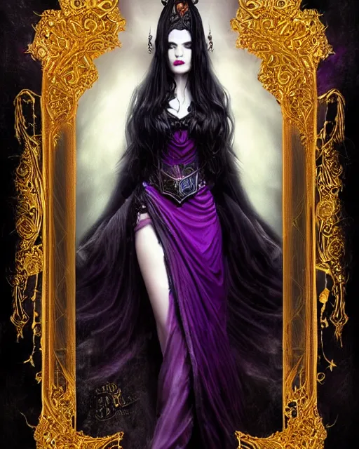 Prompt: a beautiful image of a young woman, Liliana Vess the last hope, dark enchantress, long flowing black hair, ornate headdress, Victorian purple and black elegant costume, young female face, cinematic top lighting, insanely detailed and intricate, face by wlop, Charlie Bowater, golden ratio, symmetric, elegant, ornate, luxury, elite, matte painting, cinematic, LIliana character from MTG, Magic the Gathering, trending on artstation, deviantart and cgsociety, 8k, high resolution