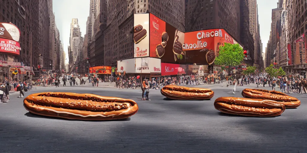 Prompt: a photograph of a single giant chocolate eclair sculpture in the center of a new york street, a large crowd have gathered, by Claes Oldenburg, pop art, 3D render, Volumetric dynamic lighting, Highly Detailed, Cinematic Lighting, Unreal Engine, 8k, HD