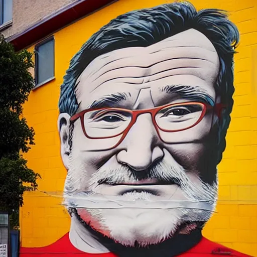 Prompt: robin williams street art mural by sachin teng x supreme : 1 high contrast, hard edges, matte painting, geometric shapes, masterpiece : 1