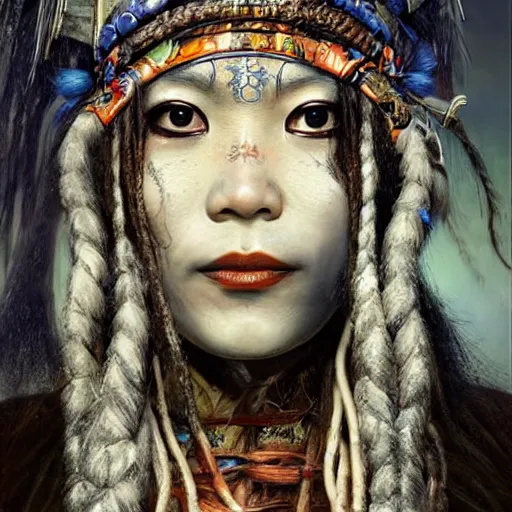 Image similar to A young blindfolded shaman japanese woman with a decorated headband performing a pagan ritual, in the style of heilung, blue hair dreadlocks and wood on her head, tribal piercing and tatoos , atmospheric lighting, intricate detail, cgsociety, ambient light, dynamic lighting, art by karol bak