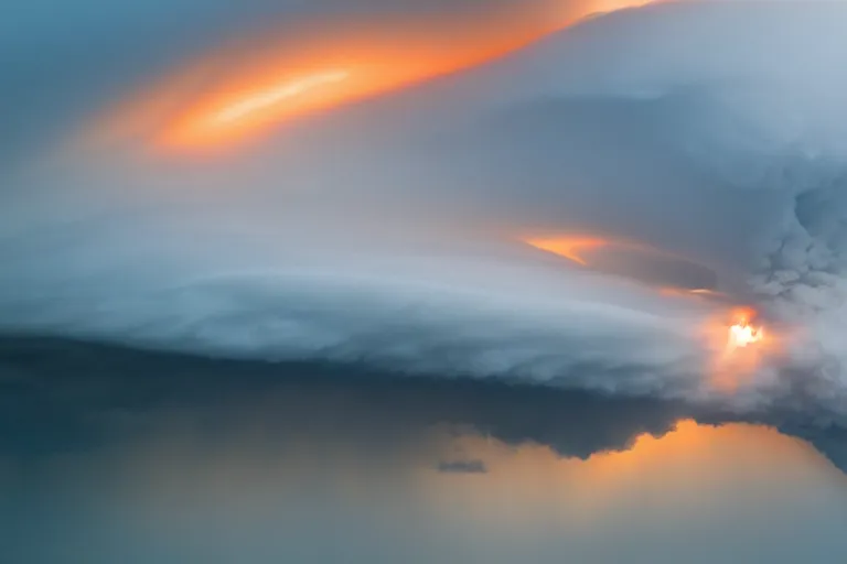 Image similar to a photo of a supercell thunderstorm, illuminated from various angles by the setting sun, cinematic