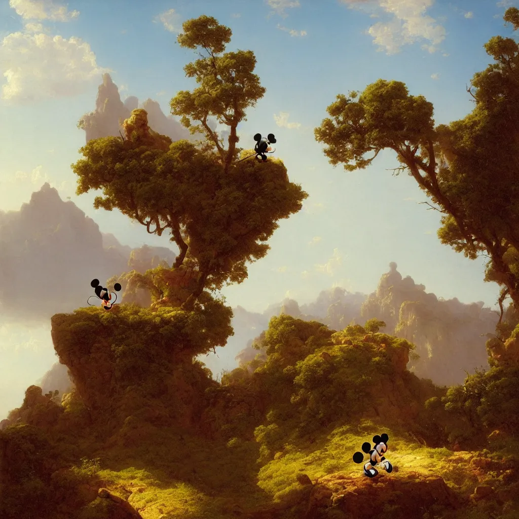 Prompt: a photograph of mickey mouse standing in an ancient classical landscape ivan aivazovski, andreas achenbac