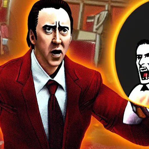 Prompt: nic cage as phoenix wright yelling objection!, in game screenshot, hd digital pixel art