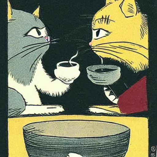 Image similar to cats drinking cups of coffee, in the style of Japanese illustration, Maurice Sendak, Tove Jansson