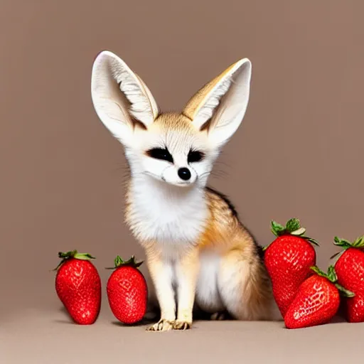 Image similar to baby fennec sneezing on a strawberry, studio photo, droplets, backlit ears