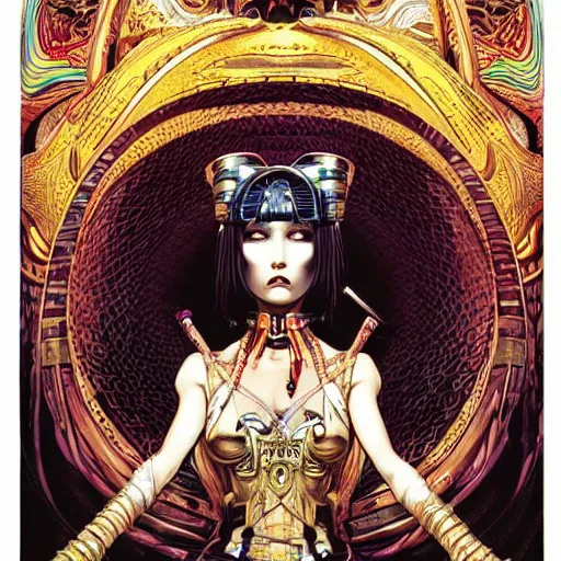 Image similar to portrait of crazy cleopatra, symmetrical, by yoichi hatakenaka, masamune shirow, josan gonzales and dan mumford, ayami kojima, takato yamamoto, barclay shaw, karol bak, yukito kishiro