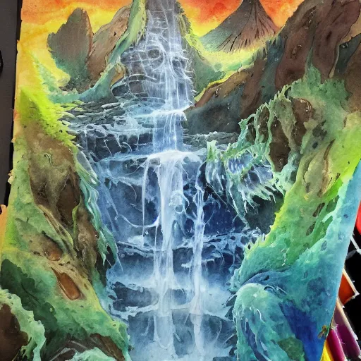 Image similar to water color on paper, elemental waterfall exhibiting all elements, highly detailed, artstation, masterpiece, award - winning,