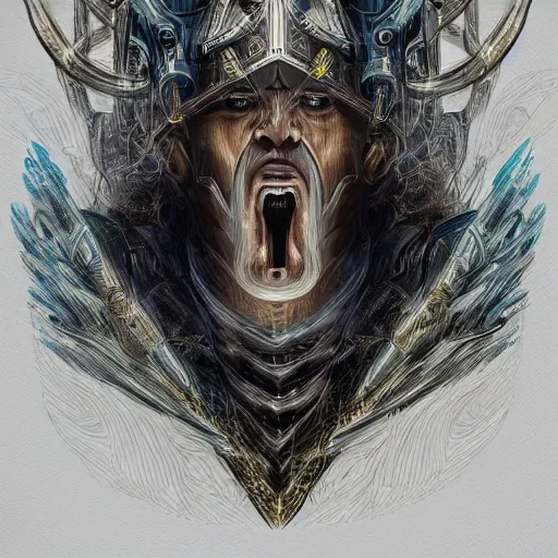 Image similar to mythological broken odin all father god of thunder and artificial intelligence creating himself with an artificial neural network with synapses, high resolution, award winning art, trending on art station, sharp image, incredibly detailed, detailed character realistic painting