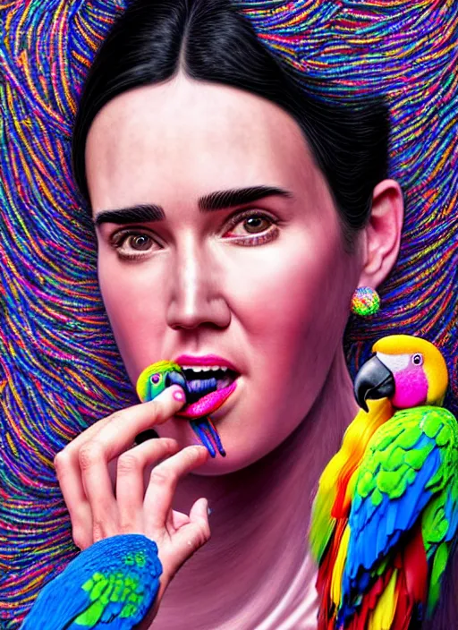 Image similar to hyper detailed 3d render like a Oil painting - Jennifer Connelly with black hair in thick mascara seen seriously making chewing gum bubbles and Eating of the Strangling network of colorful donuts and exotic colorful flowers and Her delicate Hands hold of pink parrots bring iridescent luminescent flowers whose blossoms black the foolish stars by Jacek Yerka, Mariusz Lewandowski, Houdini algorithmic generative render, Abstract brush strokes, Masterpiece, Edward Hopper and James Gilleard, Zdzislaw Beksinski, Mark Ryden, Wolfgang Lettl, Dan Hiller, hints of Yayoi Kasuma, octane render, 8k