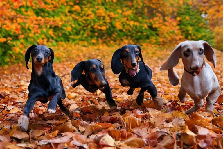 Image similar to dachshunds running towards the camera in the autumn leaves and some of the leaves are flying up into the air