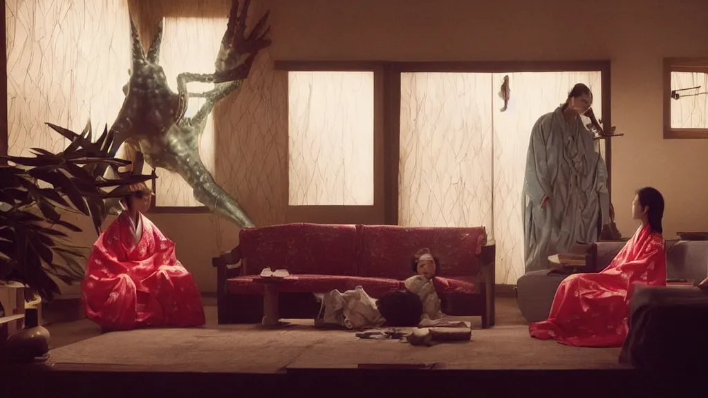 Prompt: shadow of a giant starfish - monster behind a woman in hanbok sitting on a couch, traditional korean interior, kaiju - eiga monster movie by denis villeneuve, cinematography by akira kurosawa and ishiro honda