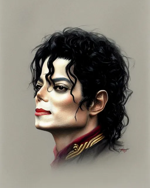 Image similar to Portrait of Michael Jackson but he is white, real life skin, intricate, elegant, highly detailed, artstation, concept art, smooth, sharp focus, art by artgerm and greg rutkowski and alphonse mucha