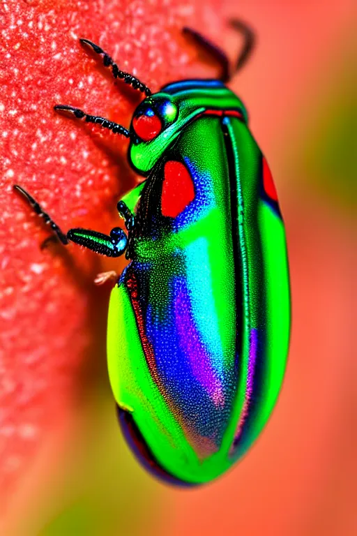 Image similar to high quality macro photo iridescent Red spotted jewel beetle! gorgeous highly detailed david ligare elson peter cinematic blue lighting high quality low angle hd 8k sharp shallow depth of field