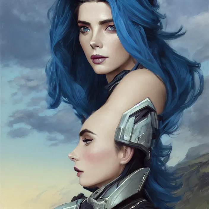 Image similar to portrait of a combination of Ashley Greene, Adriana Dxim, Grace Kelly and Lily Collins with blue hair wearing Warframe armor, countryside, calm, fantasy character portrait, dynamic pose, above view, sunny day, thunder clouds in the sky, artwork by Jeremy Lipkin and Giuseppe Dangelico Pino and Michael Garmash and Rob Rey and Greg Manchess and Huang Guangjian and Makoto Shinkai, very coherent asymmetrical artwork, sharp edges, perfect face, simple form, 100mm