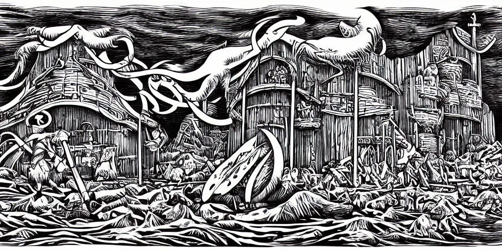 Prompt: Viking palace, beautiful engraving illustration, vector art by aaron horkey, pure b&w
