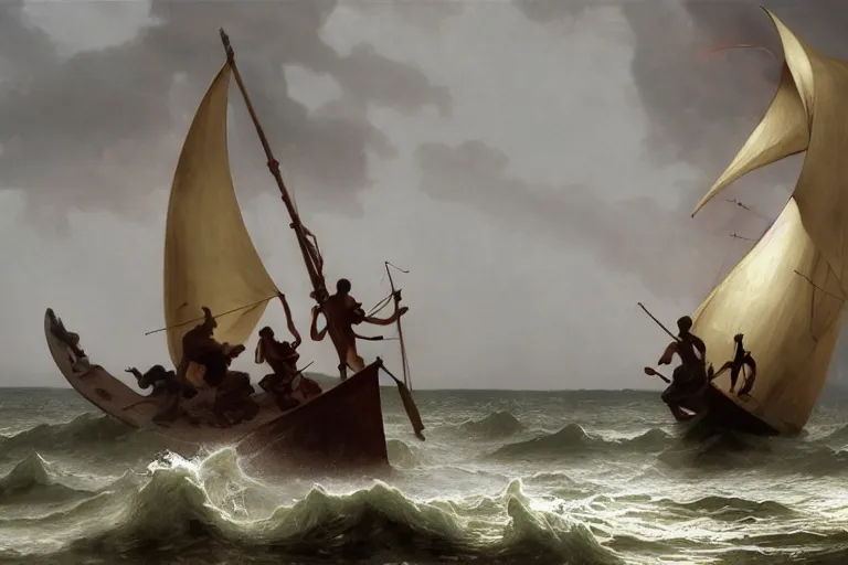 Image similar to ancient historically accurate depiction of Bible Character walking on water during a storm, a small fishing sailboat with scared sailors on board, dramatic lighting by frank miller, illustration by Ruan Jia and Mandy Jurgens and William-Adolphe Bouguereau, Artgerm, 4k, digital art, surreal, space dandy style, highly detailed, godsend, artstation, digital painting, concept art, smooth, sharp focus, illustration by Ruan Jia and Mandy Jurgens and William-Adolphe Bouguereau, Artgerm