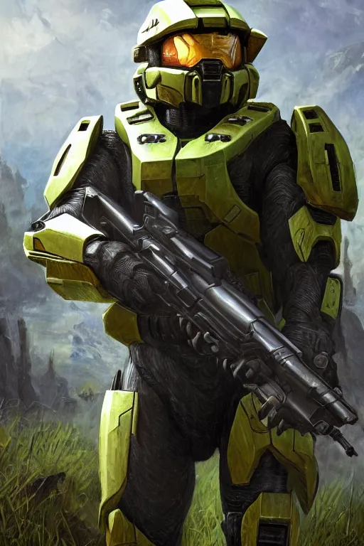 Image similar to master chief from halo 3 hunting easter eggs, oil on canvas, intricate, portrait, 8 k highly professionally detailed, hdr, cgsociety