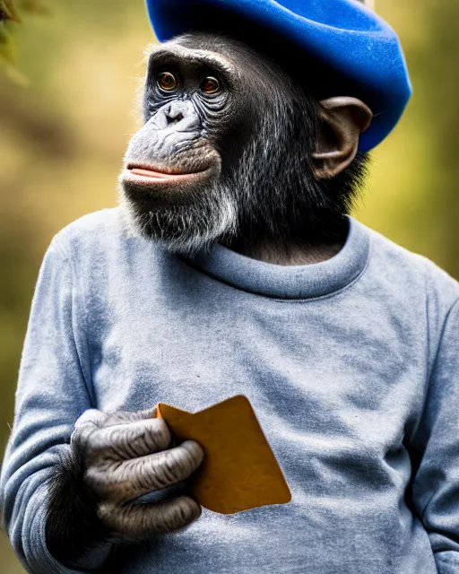 Prompt: gold, blue, photo of a chimpanzee solving a puzzle, blue hat, big cigarre in mouth, 8 k, 8 5 mm f 1. 8