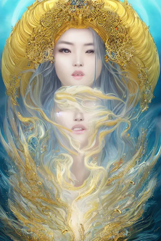 Image similar to a beautiful young Asian woman, Queen of the Sea Mu Yanling, long flowing white hair, blue and yellow robe that resembles floating wings, water flowing and floating around, young female face, liquid magic, cinematic top lighting, insanely detailed and intricate, face by wlop, Charlie Bowater, golden ratio, symmetrical proportions, elegant, ornate, luxury, elite, matte painting, MTG, magic the gathering, trending on artstation, cinematic, cgsociety, 8k, high resolution,