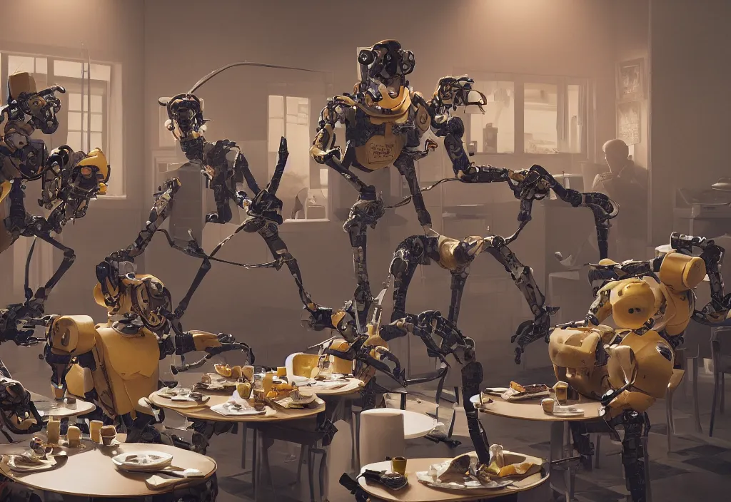 Image similar to accidentally wes anderson award - winning photograph of boston dynamics robots eating breakfast and drinking coffee, epic battlescene, 4 k, detailed, art by greg rutkowsky, trending on artstation, cinematic lighting, filmic grain, golden hour, detailed, 4 k