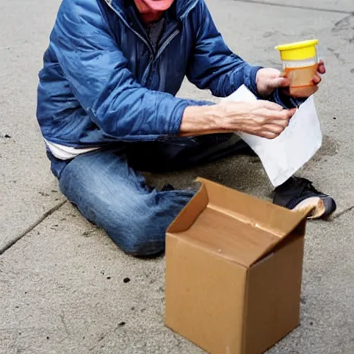 Image similar to homeless jeff bezos begging for food, highly detailed, photograph