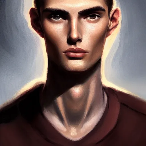 Image similar to tall man in his twenties with brown blond short quiff hair and thin slightly round facial structure with cleft chin, straight eyebrows and prominent nose, good definition of cheekbones, big hazel nut brown eyes, narrow face, slim body, atmospheric lighting, painted, intricate, 4 k, highly detailed by charlie bowater